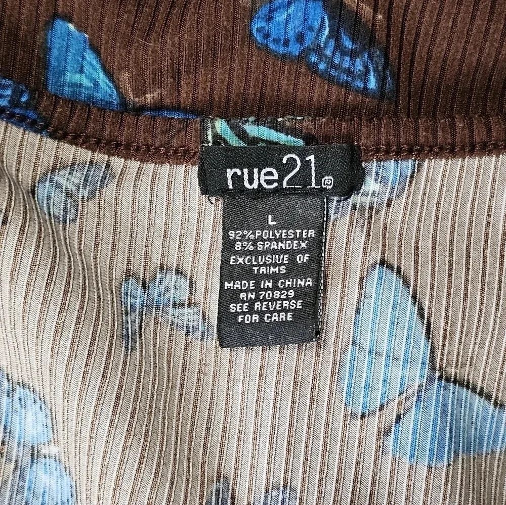 Rue 21 Womens L Blouse Brown Ribbed Butterfly Crop Top Iconic Essential Y2K - Picture 4 of 6